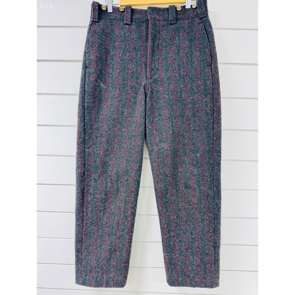 LL Bean Vintage Wool Plaid Trousers Grey Red Windowpane Suspender Buttons 32x29